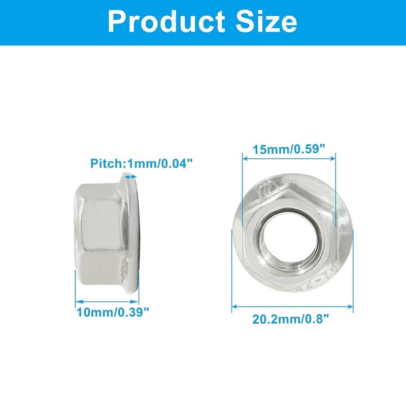 Dijedev M10/1mm Serrated Flange Hex Nuts, 5Pcs Hexagon Flange Nuts, 304 Stainless Steel 18-8, Full Thread, Hex Drive, Bright Finish - Image 2